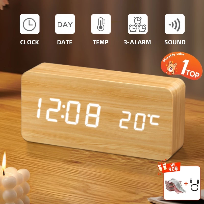 AIODIY นาฬิกาดิจิตอลไม้ตั้งโต๊ะ LED แสดงวันที่-เดือน-อุณหภูมิ thumbnail 3