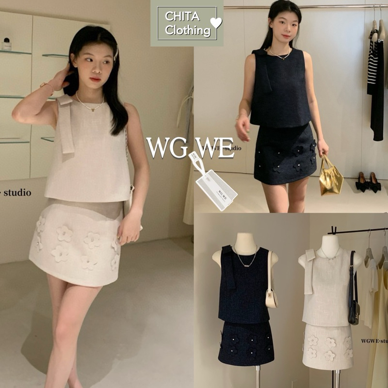 3890# set 2 pcs เสื้อคอกลมแขนกุด + กระโปรงสั้น งานซิปหลัง แต่งดอกนูน มีซับในกางเกง  TAG:WG.WE 🇰🇷