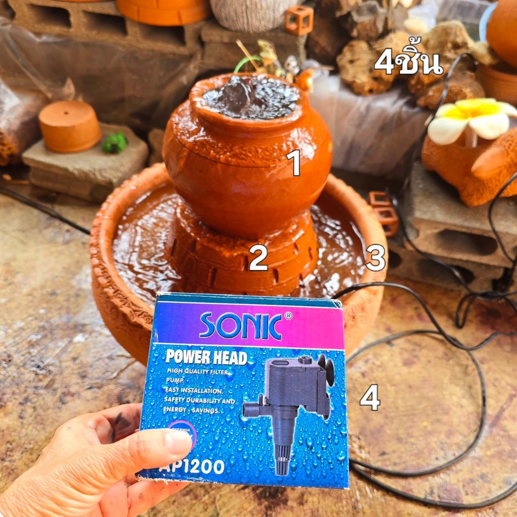 (ได้ 4 ชิ้น) โอ่งน้าล้นดินเผา (โอ่ง+ฐาน+อ่าง12"+ปั้มAP1200) ตกแต่งสวน ตกแต่งบ้าน พร้อมส่ง