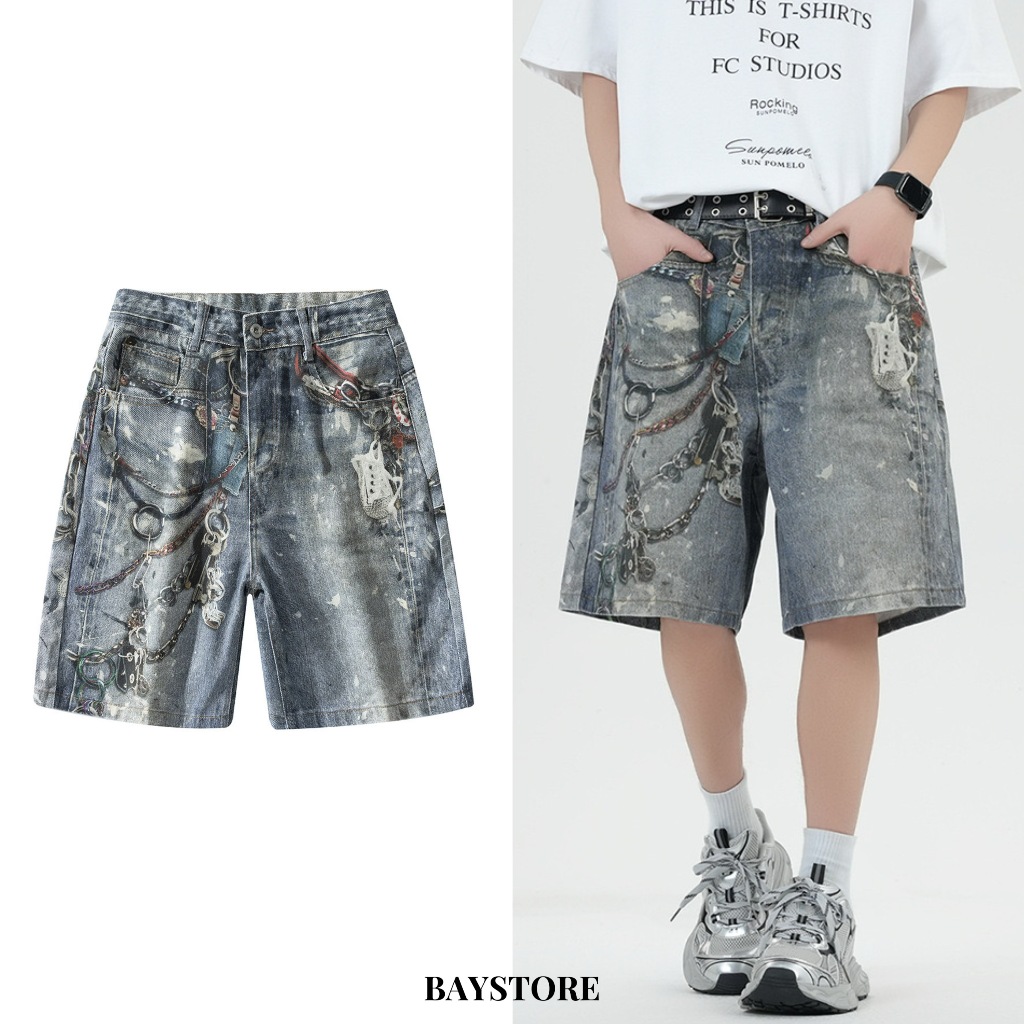 BAYSTORE KEYCHAIN SHORT JEANS กางเกงขาสั้น ผ้ายีนส์ พิมพ์ลาย กราฟฟิค ใส่ได้ทั้ง ผู้ชาย ผู้หญิง