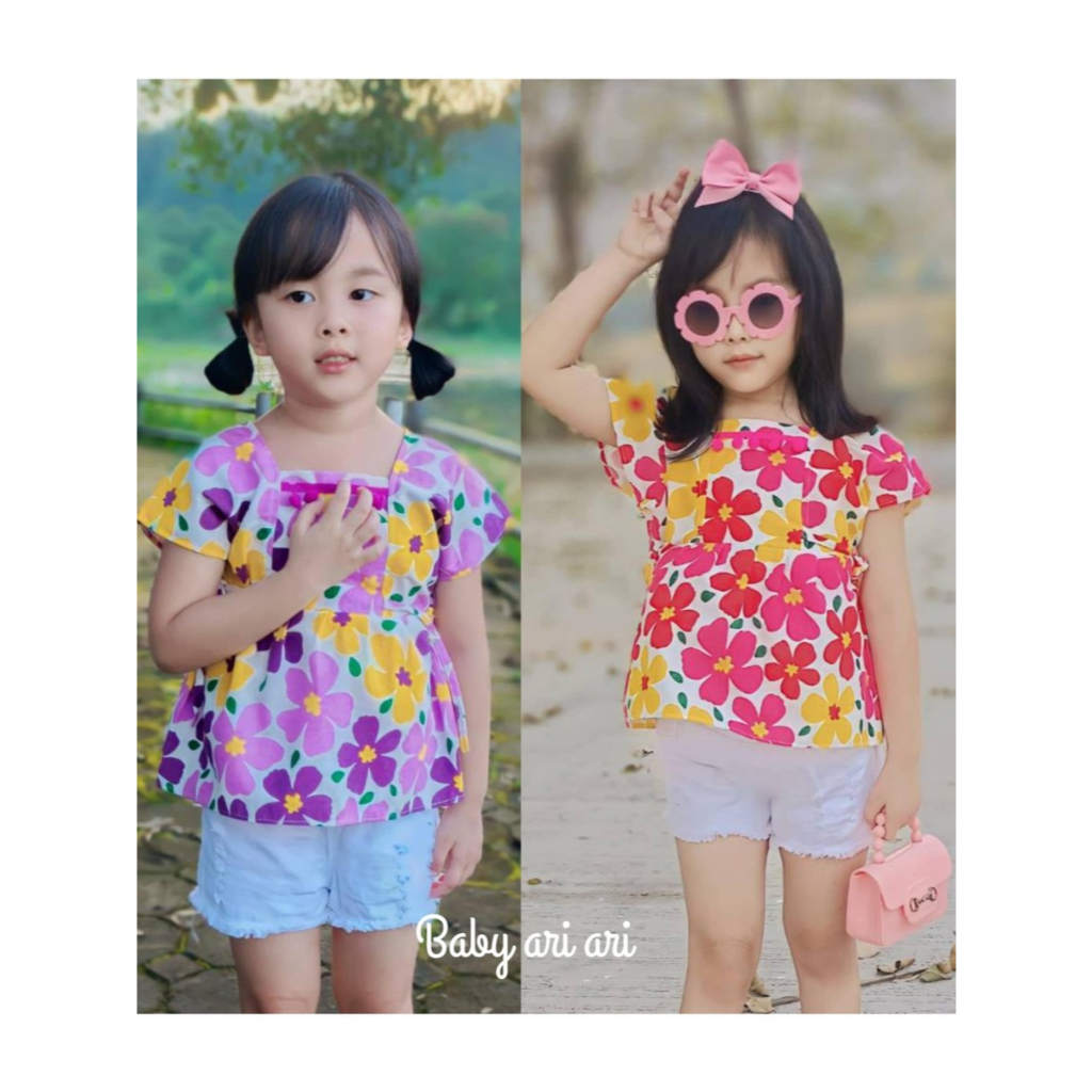 เสื้อเด็กลายดอกสงกรานต์ ทรงแขนตุ๊กตาพร้อมส่ง
