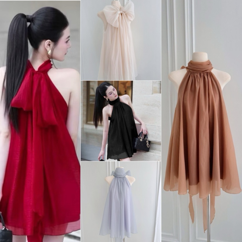 𝐌𝐀𝐘𝐔🌹🌟พร้อมส่ง มินิเดรสสั้นผูกโบว์ด้านหลังผ้าออแคนดี้