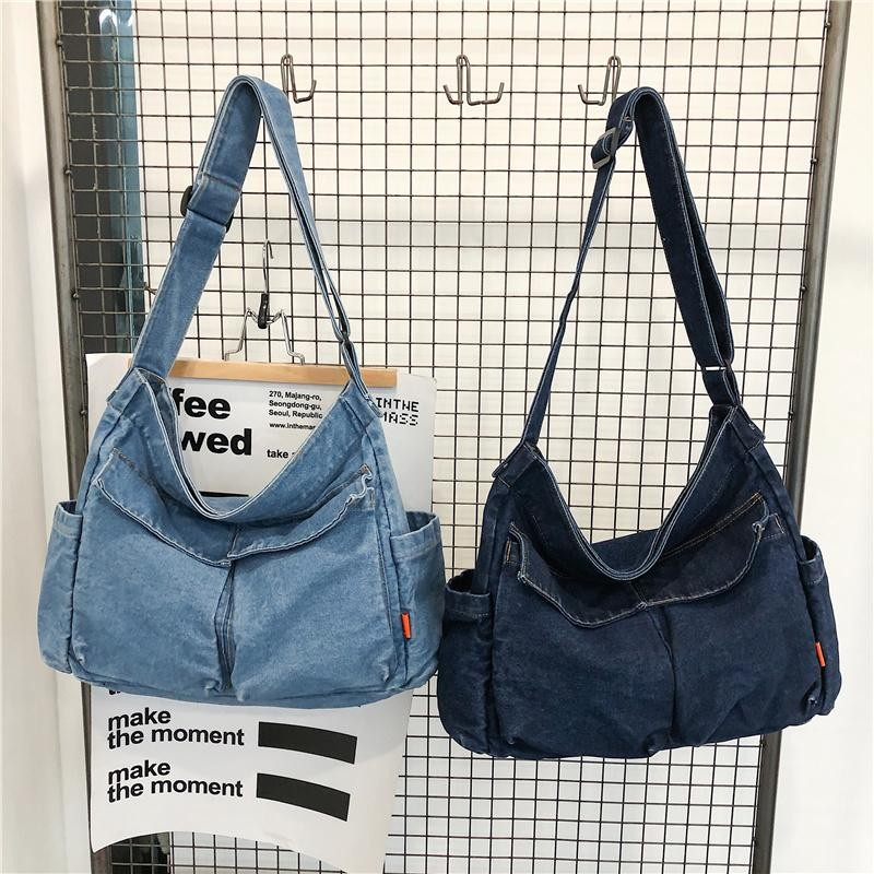 XSPEEDFASHION(X2275) กระเป๋าสะพายข้างผ้ายีนส์ ขนาด14.5นิ้ว มี 2สี