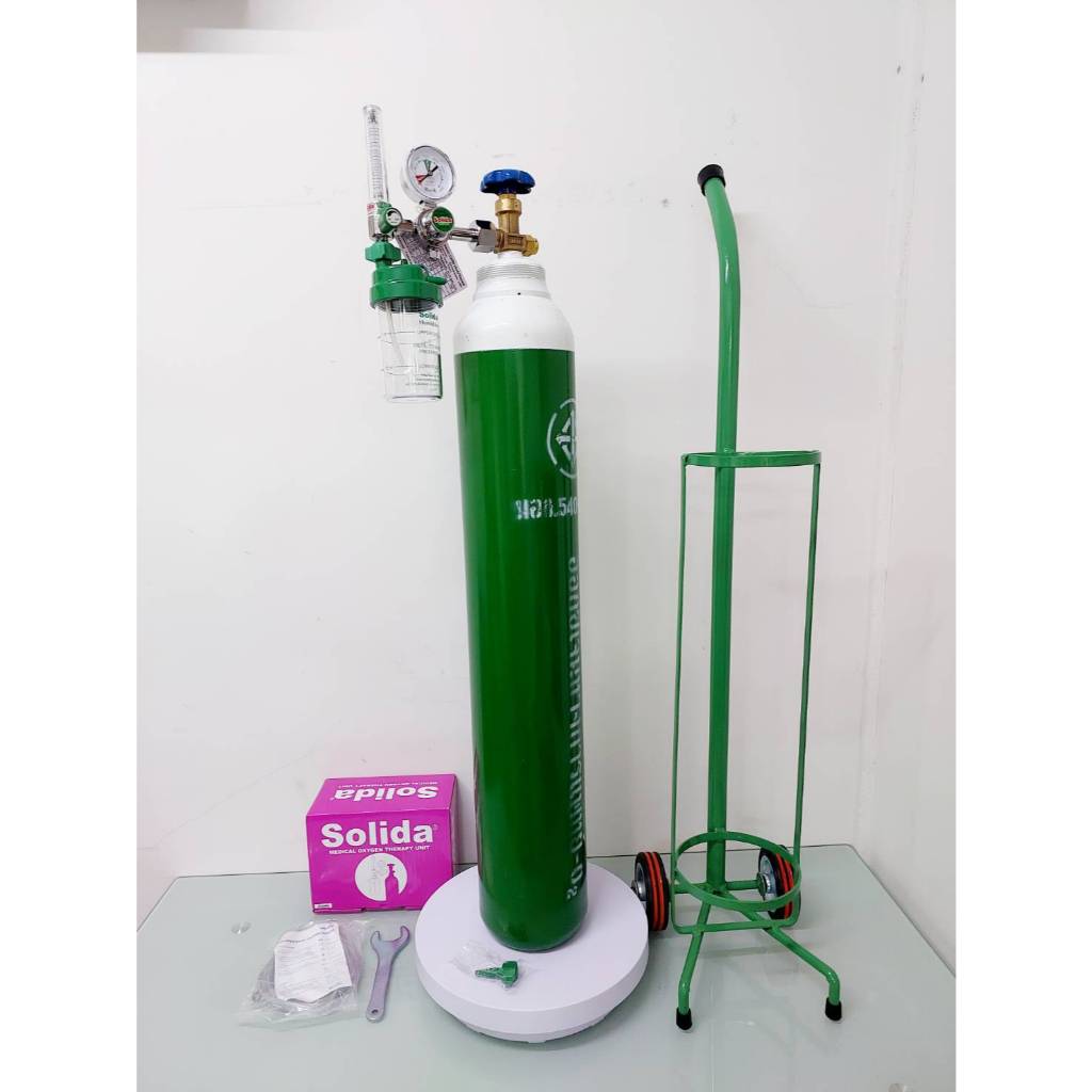 ถังออกซิเจน 1.5 คิว +เกจ์หายใจ Solida +รถเข็น เกจ์ใช้พ่นยาได้ ชุดหายใจสำหรับผู้ป่วย ถังใหม่ มือ 1 ( ออกซิเจน Oxygen )
