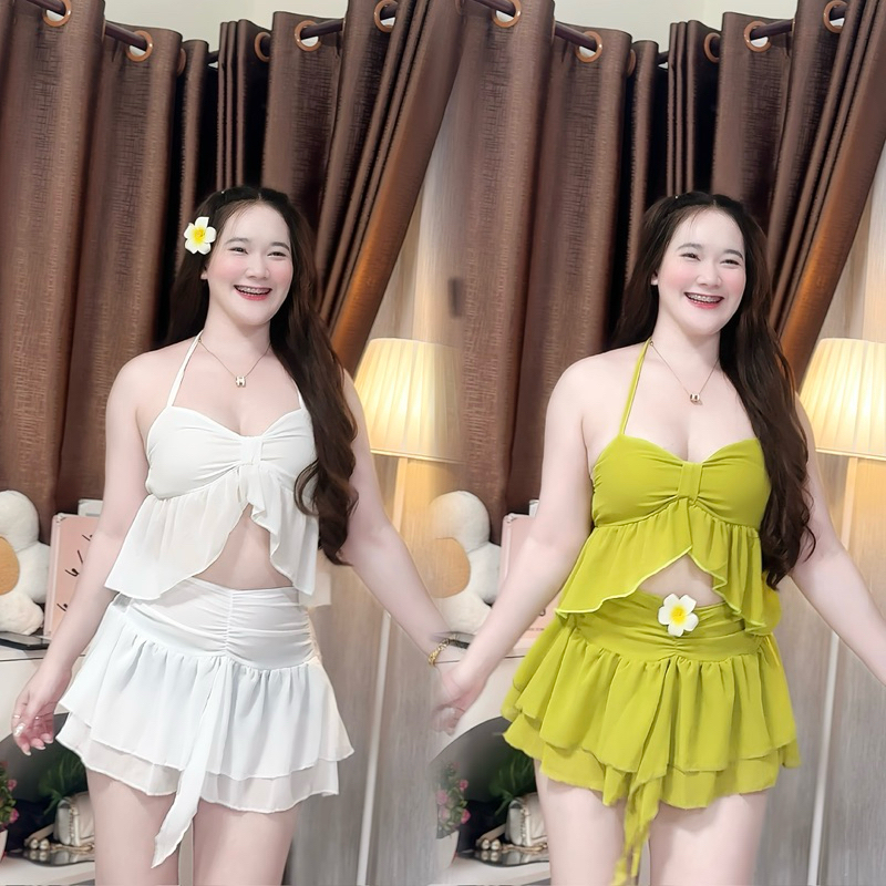 Set เสื้อคล้องคอ+กระโปรงทะเล ( m-04 )ชีฟอง 💦