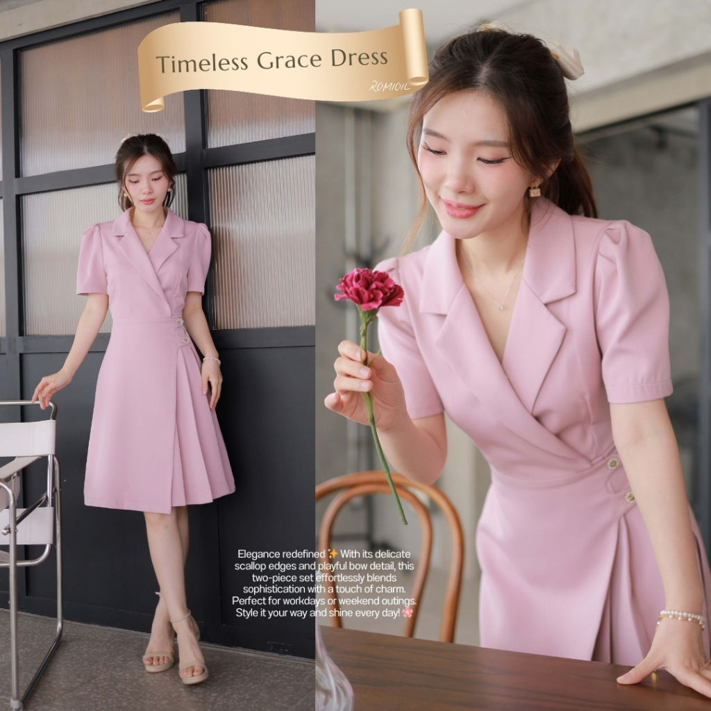 "Romi"Oil" Timeless Grace Dress (Pink) K144 ชุดเดรสสีชมพู (ติดกระดุมดอกไม้ด้านหน้า)