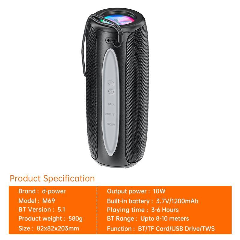 d-power ลำโพงบลูทูธพกพา รุ่น M69 ไฟ RGB light แบตเตอรี่ในตัว1200mAh USB/TF- Card/AUX In3.5mm/BT