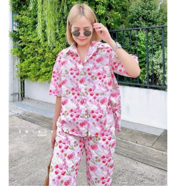 ✅พร้อมส่ง✅ ชุดเซท เสื้อเชิ้ตแขนสั้น อก34”-44”+ กางเกงขายาว เอวสม็อค Amcorner