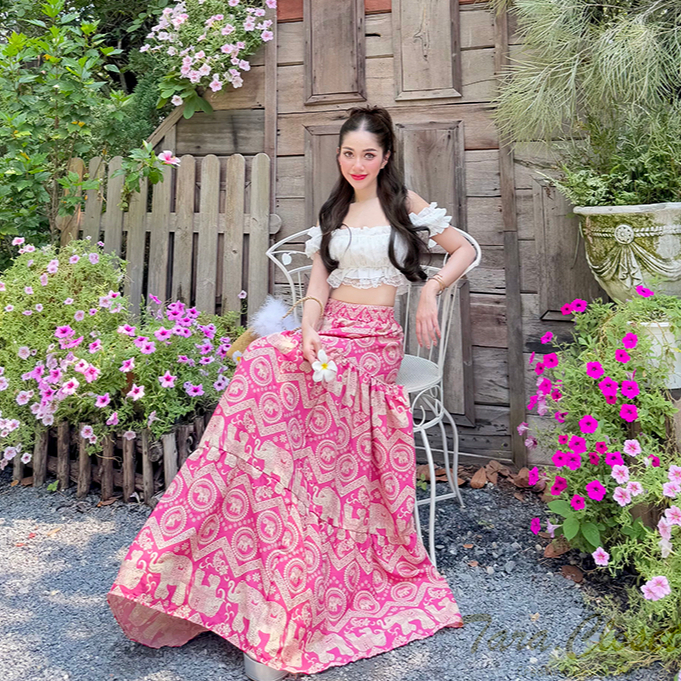 COM518 TARA SKIRT กระโปรงช้าง ลายธารา เอวสูง ทรงบอลลูน  สม็อครอบเอว ผ้าไหมอิตาลี ผ้าดี ใส่สบาย ไม่ร้