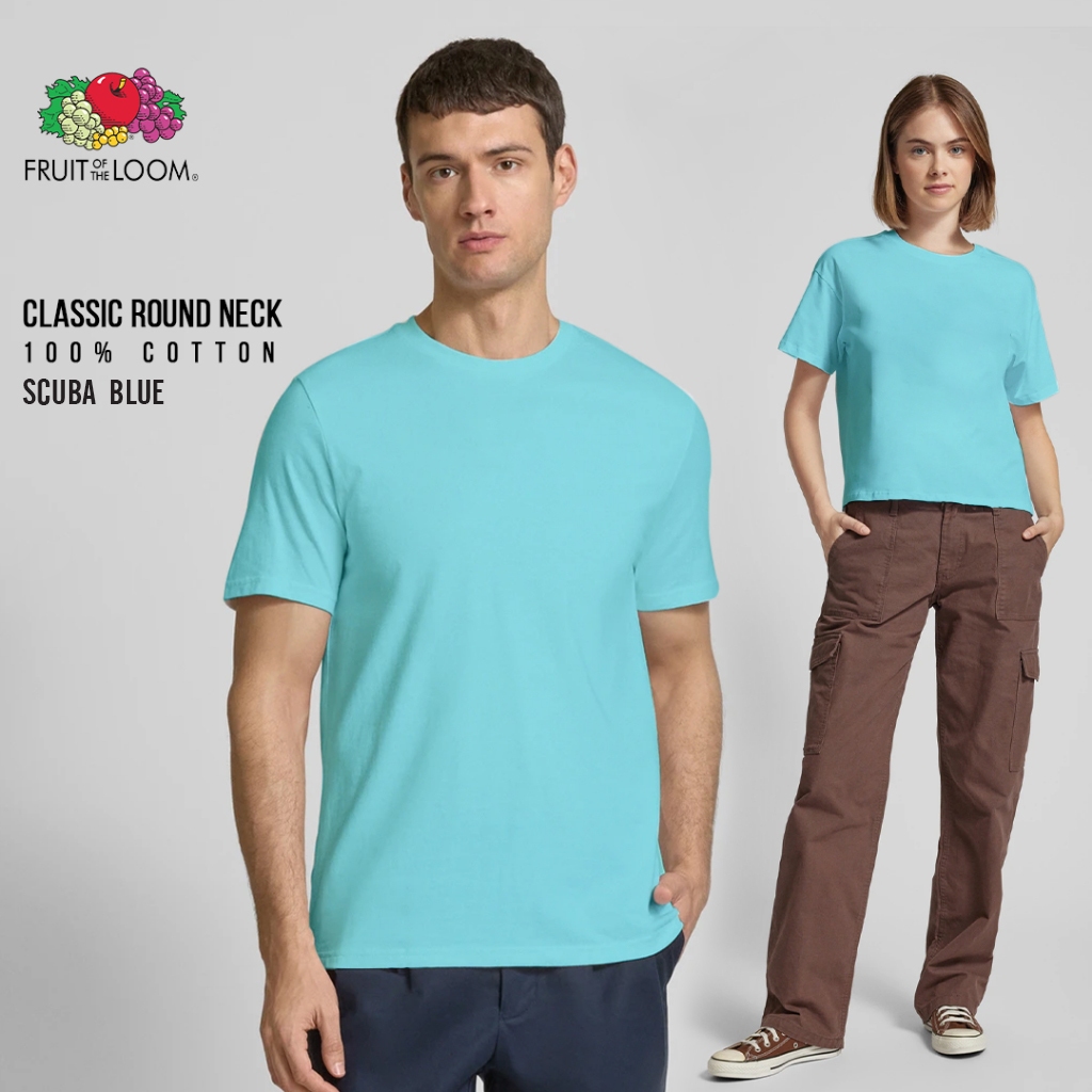 Fruit of the Loom Classic เสื้อยืด สำหรับผู้ชายและผู้หญิง คอตตอน 100% สี น้ำเงินทะเล SCUBA BLUE