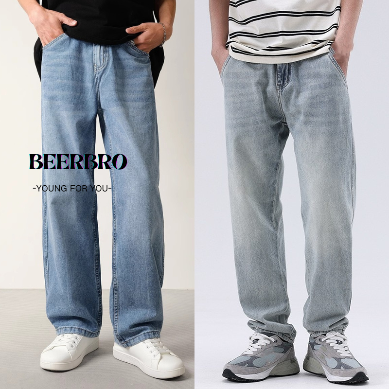 beerbro-กางเกงยีนส์ผู้ชายขากว้าง ขายาว ทรงกระบอกใหญ่ baggy jeans สไตล์เกาหลี