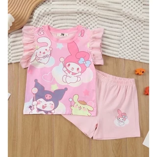 BB080 ชุดเด็ก ชุดแขนสั้นเด็ก ผ้านิ่มเด้ง เสื้อแขนสั้นพิมพ์ลายการ์ตูนน่ารัก แขนปีกนก