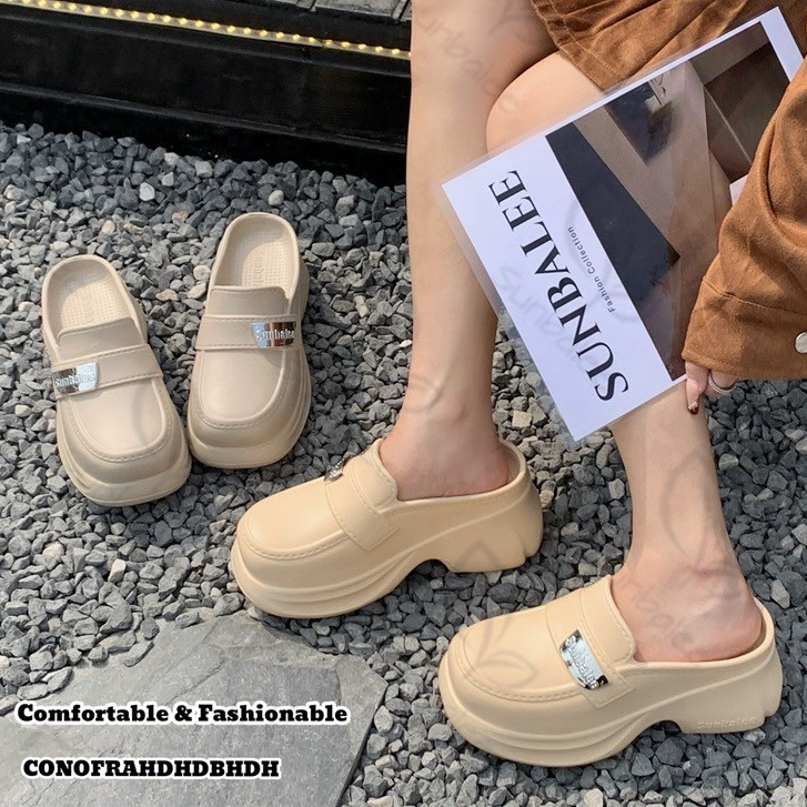 SHO-SUNG-308🌻รองเท้าสไตล์เกาหลี ติดโลโก้ sunbalee สูง 6 cm. สีพื้นน่ารัก พื้นเบาใส่สบาย รองเท้าส้นสูงน่ารัก 🌻