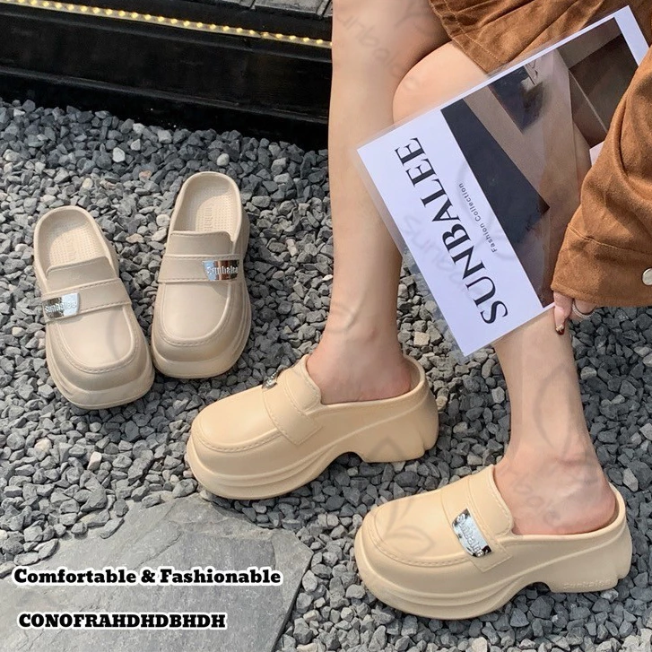 SHO-SUNG-308🌻รองเท้าสไตล์เกาหลี ติดโลโก้ sunbalee สูง 6 cm. สีพื้นน่ารัก พื้นเบาใส่สบาย รองเท้าส้นสูงน่ารัก 🌻