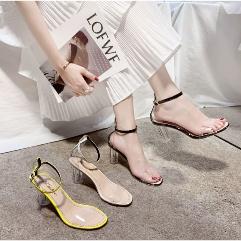 👠24h.พร้อมส่งในไทย🎀รองเท้าส้นสูง7cm🩵ส้นใส🪩รัดข้อเท้าสวย👡ใส่แฟชั่น ทำงาน เที่ยว (ครีม/ดำ/แดง/เหลือง)P