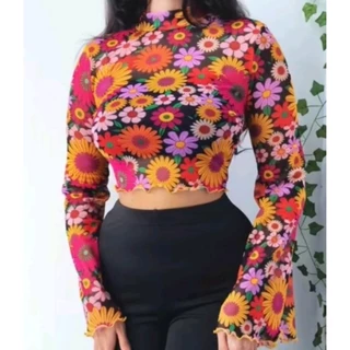 🌸🦋พร้อมส่ง🦋🌸 เสื้อลายดอกแขนกระดิ่ง ผ้าตาข่าย เสื้อสงกรานต์ เสื้อครอปสั้นแขนกระดิ่งยาว