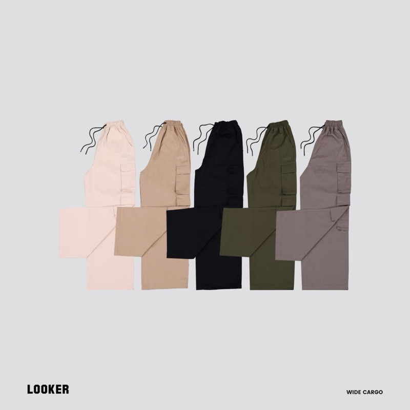 LOOKER - Wide Cargo กางเกงคาร์โก้เอวยางยืด ( กางเกง 8 กระเป๋า ) สีดำ สีเขียว สีเทา สีครีมขาว สีครีมเหลือง
