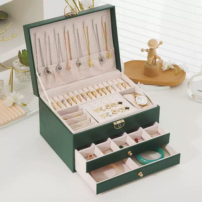พร้อมส่ กล่องเก็บเครื่องประดับ 3 ชั้น ความจุขนาดใหญ่ แบบลิ้นชัก มีตัวล็อก Jewelry Case Box