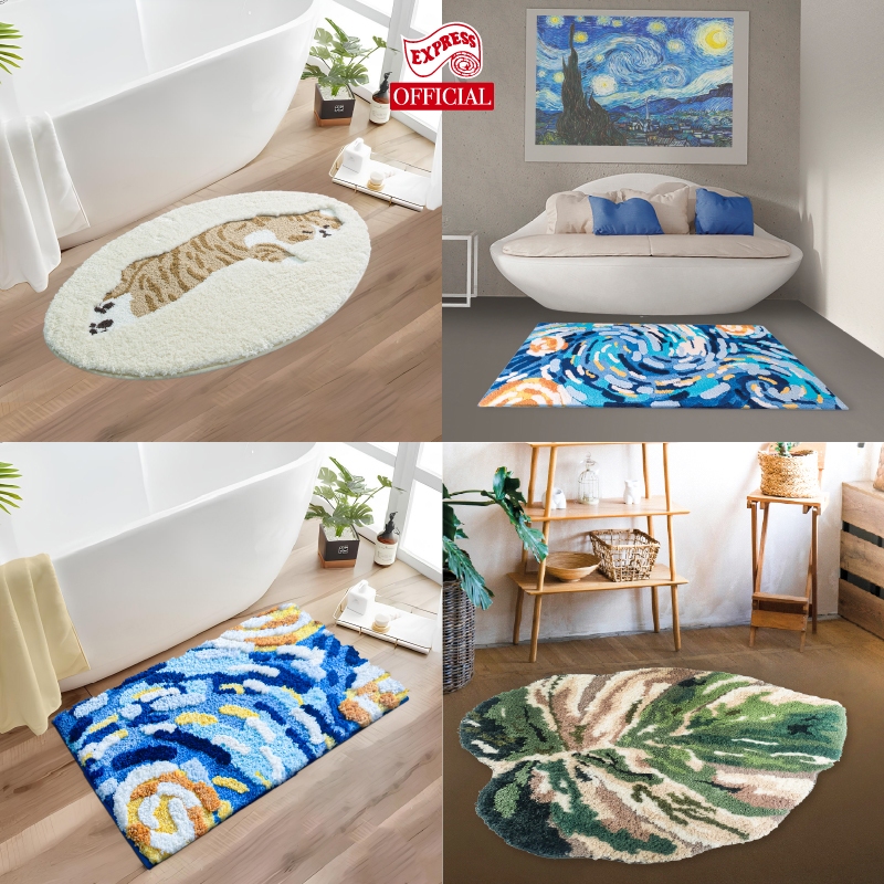 EXPRESS CARPET พร้อมส่ง! พรมเช็ดเท้าลายแมว ใบไม้ ท้องฟ้า หนานุ่ม กันลื่น ใช้วางหน้าประตู ในห้องน้ำ