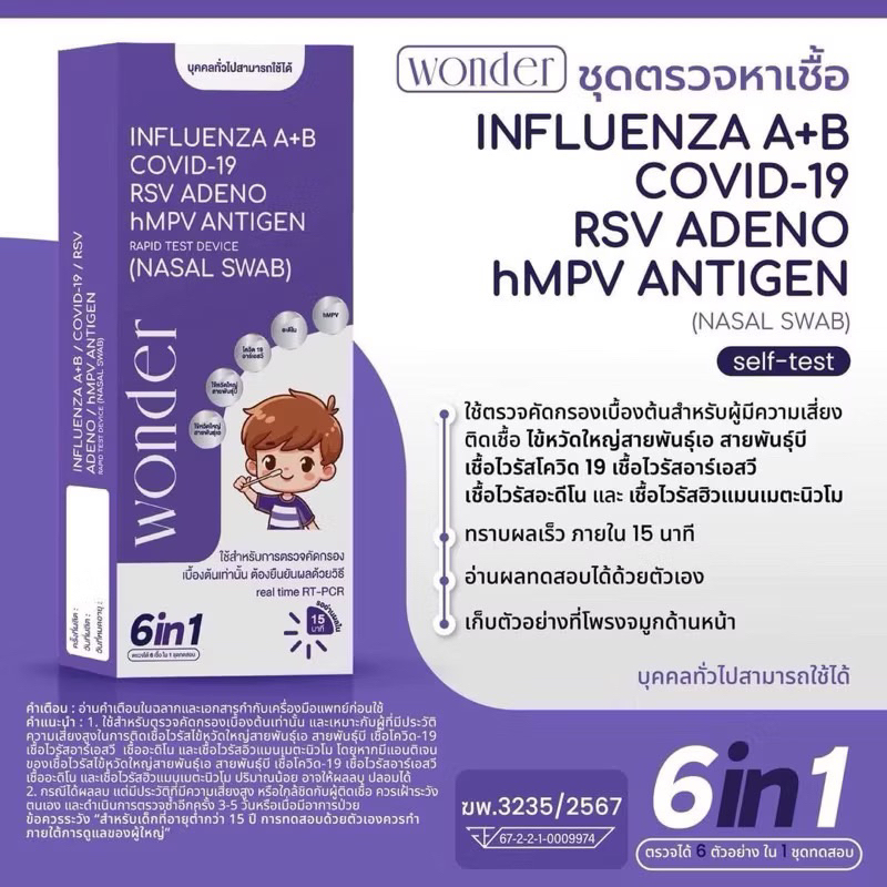 ชุดตรวจเด็กและผู้ใหญ่   6 เชื้อ ไข้หวัด A，B ，RSV, Covid-19 อะดิโน hMPV  ชุดตรวจวันเดอร์ ATK wonder h