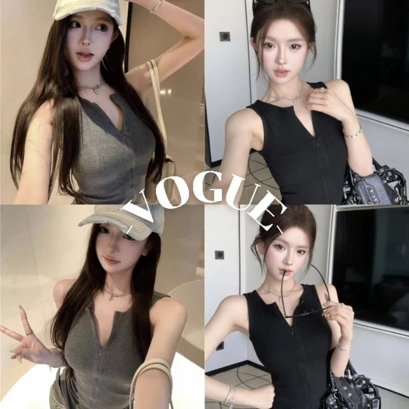 Vogue🌟พร้อมส่ง🌟 เสื้อกล้าม แขนกุด ดีเทล ซิปรูดด้ายหน้าสีพื้น ยืดพอดี (FY2653)