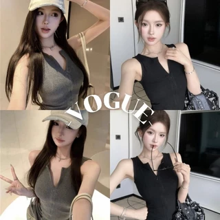 Vogue🌟พร้อมส่ง🌟 เสื้อกล้าม แขนกุด ดีเทล ซิปรูดด้ายหน้าสีพื้น ยืดพอดี (FY2653)