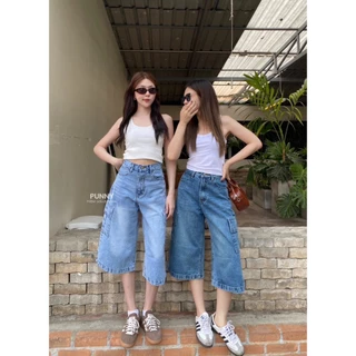 Acasey กางเกงยีนส์ผู้หญิง 7ส่วน คาร์โก้ เอวสูง เก็บพุง เก็บสะโพก Big Size ไซส์ S - 5XL