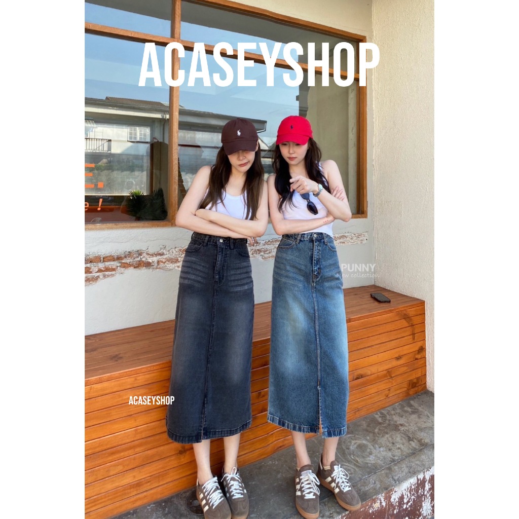 Acasey กระโปรง ผ้ายีนส์ ตัวยาว ผ่าหน้า ผ้าไม่ยืด PN Big Size ไซส์ S – 5XL