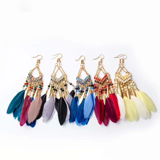 พร้อมส่งในไทย ต่างหู โบฮีเมียนขนนก เครื่องประดับ แต่งลูกปัดขนนก สไตล์ชนเผ่า สาวคาวบอย สวยงาม ส่งจากไทย