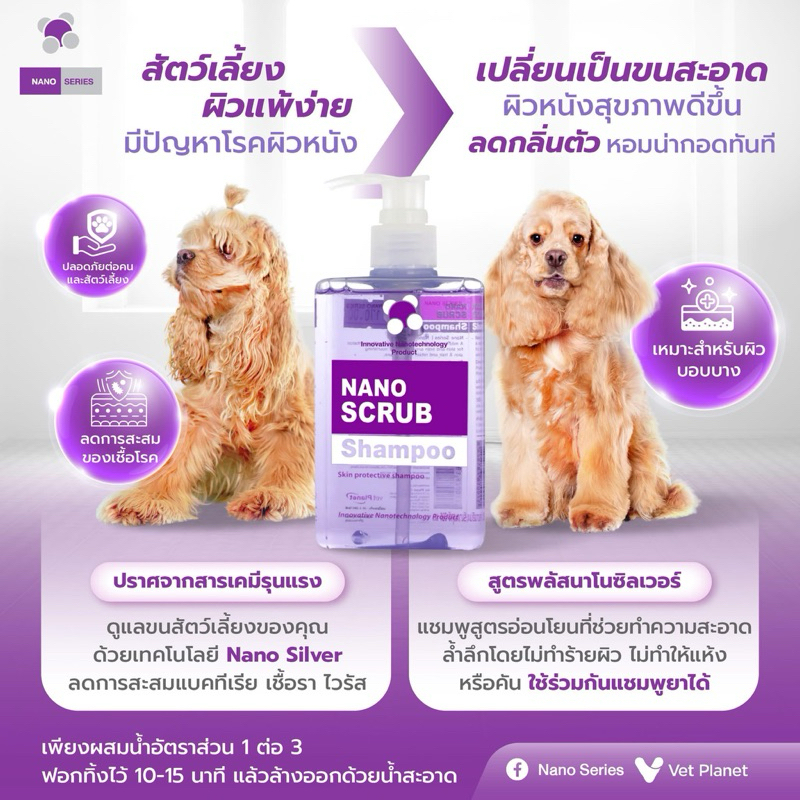 Vet Planet Nano Scrubขนาด 280 มล. หมดอายุ 07/2026 แชมพูอาบน้ำ (สูตรใหม่ อ่อนโยนต่อผิว) สุนัข แมว