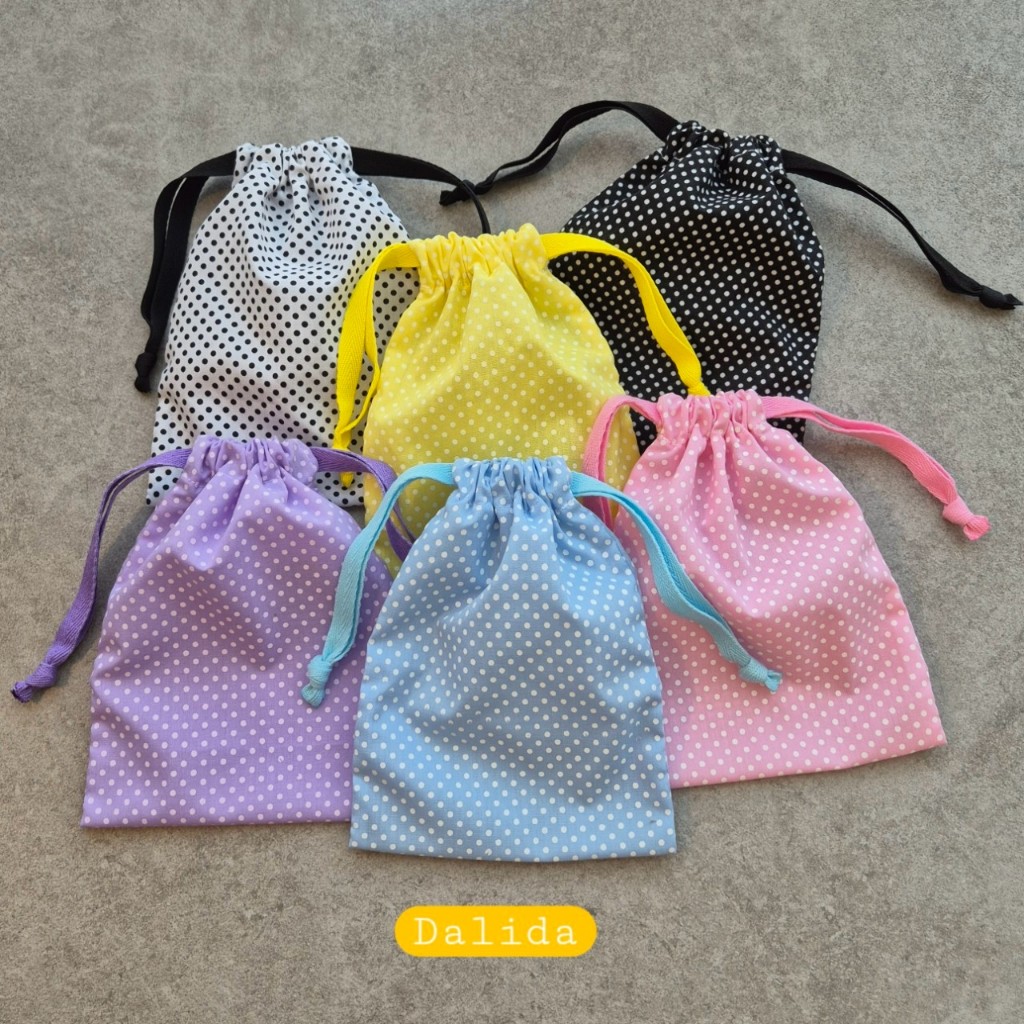 กระเป๋าผ้า ถุงผ้า ลายจุด ขนาด 5×7 นิ้ว ผ้าคอตตอน สีพาสเทล สายเทปก้างปลา ถุงชำร่วย