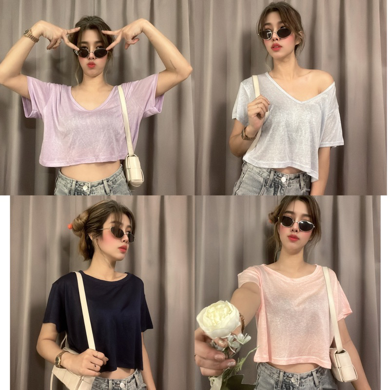 ขาวดำมา!!สีใหม่พร้อมส่ง🇹🇭เสื้อคอบสลาฟคอกลม/คอวี crop topๅ