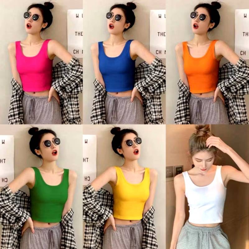 เสื้อกล้ามคอยู เอวลอย (ผ้าคอตตอน) เสื้อสปอร์ตบรา ครอปครึ่งตัว สีพื้น ใส่สบายน่ารักมากจ้า