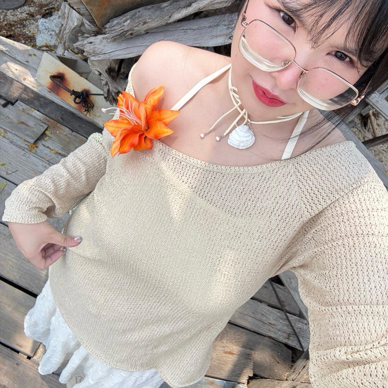 Khaofang Shirt (เสื้อข้าวฟ่าง) แขนยาวเปิดไหล่ผ้าไหมพรมซีทรู👒💐✨ | Geebeety - รูปที่ 7