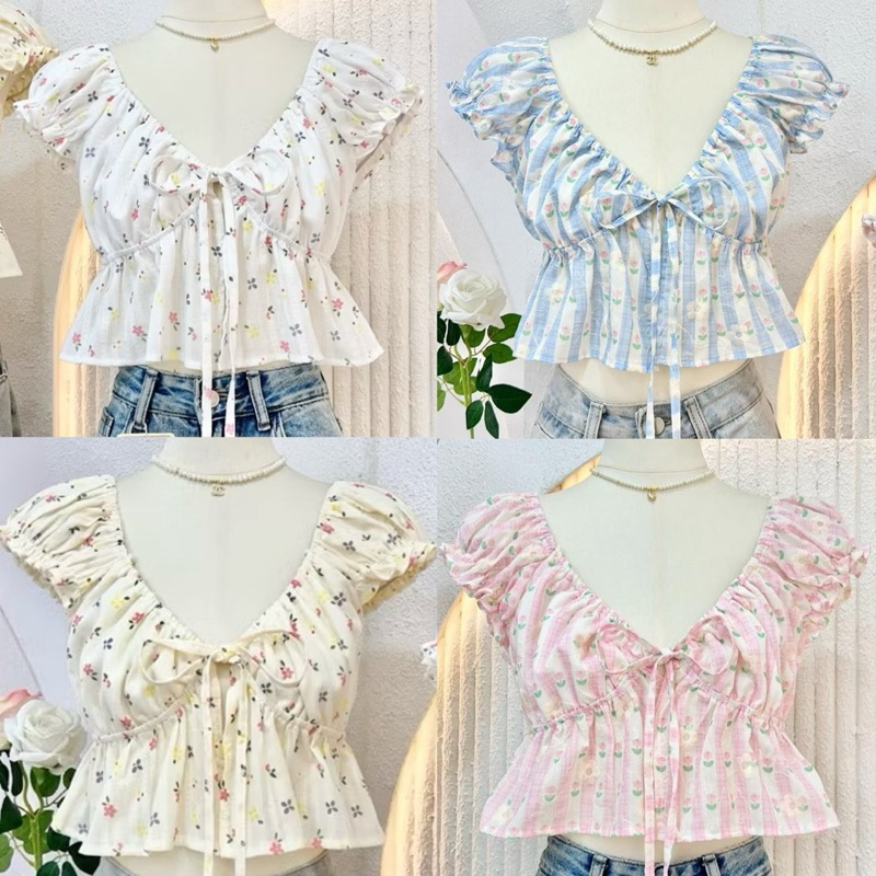 พร้ิมส่ง เสื้อครอปแขนการ์ตูน ผ้าครัชพิมพ์ลายน่ารัก🌧️ดีเทลโบว์หน้า