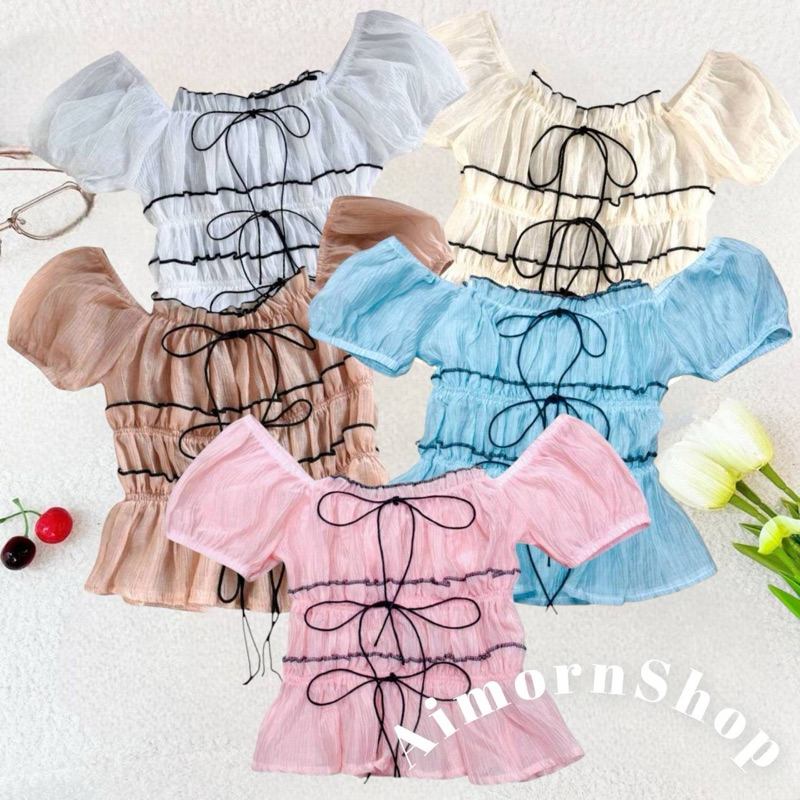 aimorn_shop เสื้อครอปแขนตุ๊กตา งานมีเชือกผูกโบว์3ระดับ พริ้วใส่เย็นสบาย ต้อนรับซัมเมอร์ปังสุดๆ งานดีเทลเก๋
