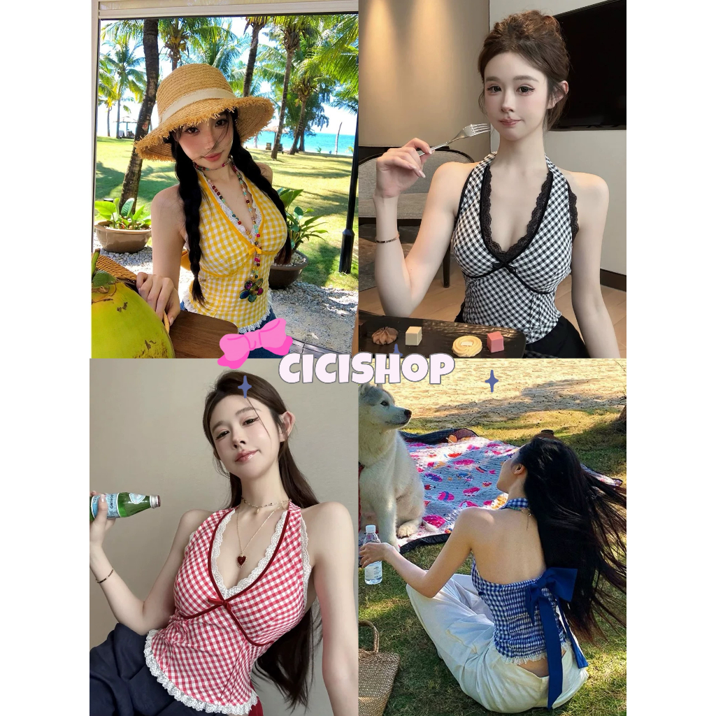 Cicishop(Y6221) เสื้อคล้องคอติดกระดุม สม็อคหลังแหวกหน้า ผูกโบว์ด้านหลัง สีสันสดใส สไตล์หน้าร้อน