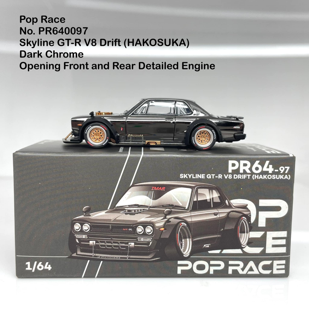 Pop Race No. PR640097 Skyline GT-R V8 Drift (HAKOSUKA) - Dark Chrome Opening Front and Rear Detailed Engine