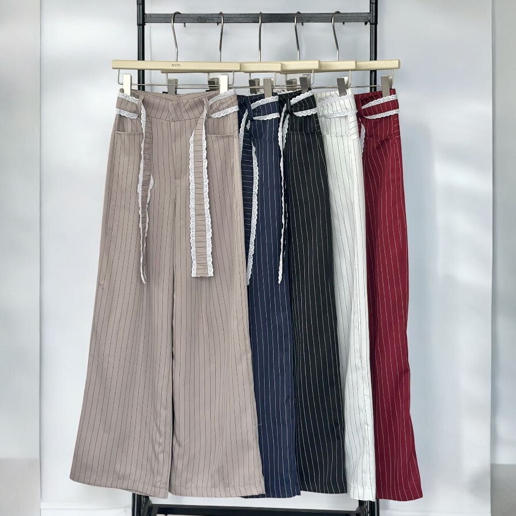 Atipashop - BELLE STRIPE PANTS กางเกงขายาว ลายริ้ว ดีเทลเข็มขัดลูกไม้