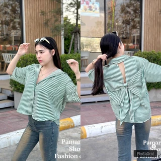 BEIIEW เสื้อเชิ้ตแขนสั้นลายริ้ว ทรงสวยมากๆ ดีเทลมีเว้าด้านหลังแต่งโบว์ใหญ่ เรียบหรู ดูแพงมากๆ ติดกระดุมจริงตามสีเสื้อสวย
