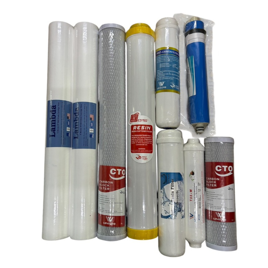 ไส้กรองตู้น้ำ 9 ไส้ (PP20"5M2แท่ง+CTO20"+เรซิ่น20"+Post CB12"+Post RS+RO150G +Post carbon10"+CTO10")