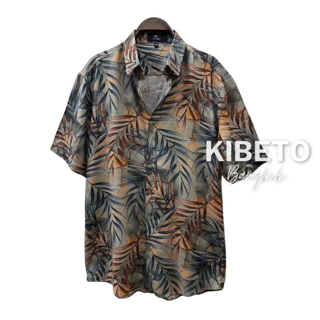 Kibeto เสื้อฮาวาย ลายใบไผ่แหลม สีกากี ผ้าสปันเรยอน เนื้อนิ่ม ใส่สบาย M L XL 2XL 3XL