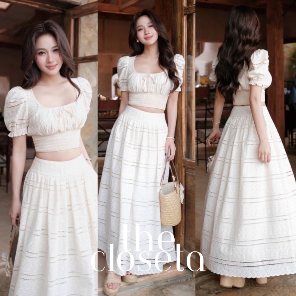 THE CLOSETA : LB613  ชุดเซ็ทผ้าฉลุเสื้อครอปแขนตุ๊กตา+กระโปรงยาวสุดน่ารักสีขาวออฟไวท์