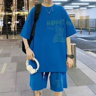 เสื้อยืดแขนสั้นสำหรับผู้ชาย ชุดกางเกงขาสั้นกีฬาลำลองฤดูร้อน ชุดสองชิ้นพิมพ์ลายหมีอินเทรนด์ ผ้าวาฟเฟิล