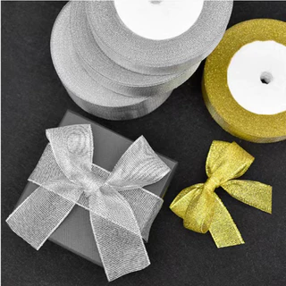 ริบบิ้นเนื้อทราย สีทอง สีเงิน ยาว 25หลา ริบบิ้นผ้า ริ้บบิ้นทำโบว์ ตกแต่ง DIY พร้อมส่งจากไทย