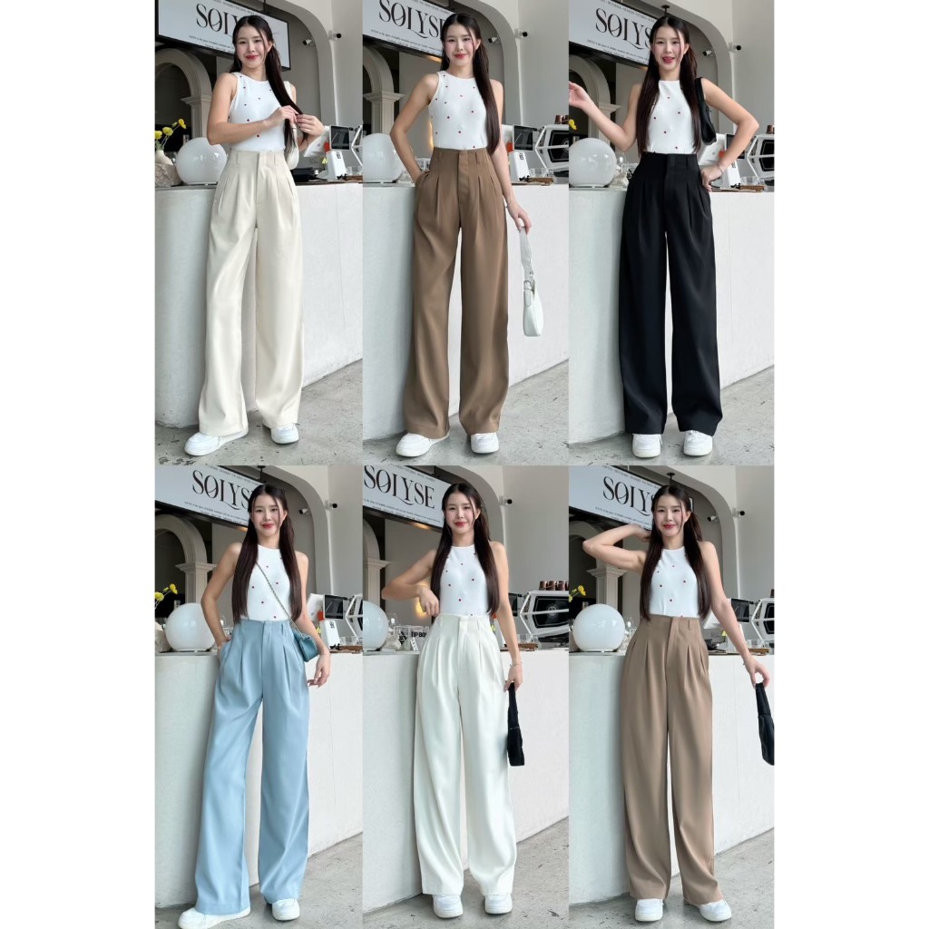 B0026 Beer&Oil กางเกงขายาวเอวสูงผ้าลิลลี่ งานตะขอหน้าขอบในตัวเย็บจีบหน้า แต่งหูเข็มขัด