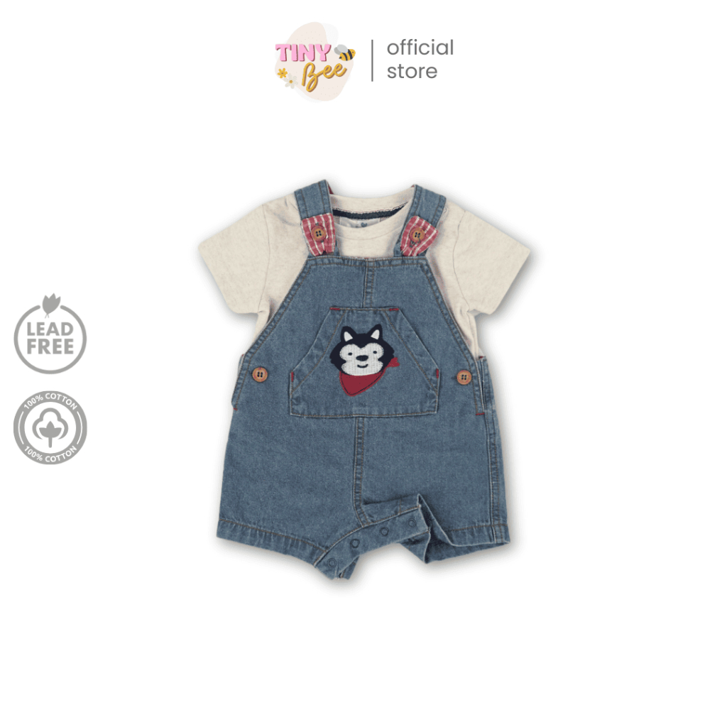 TinyBee เซ็ต 2 ชิ้น เอี๊ยมยีนส์และเสื้อยืดผ้าฝ้าย เอี๊ยมเด็ก ปักไซบีเรียนฮัสกี้ อายุ 3-24 เดือน