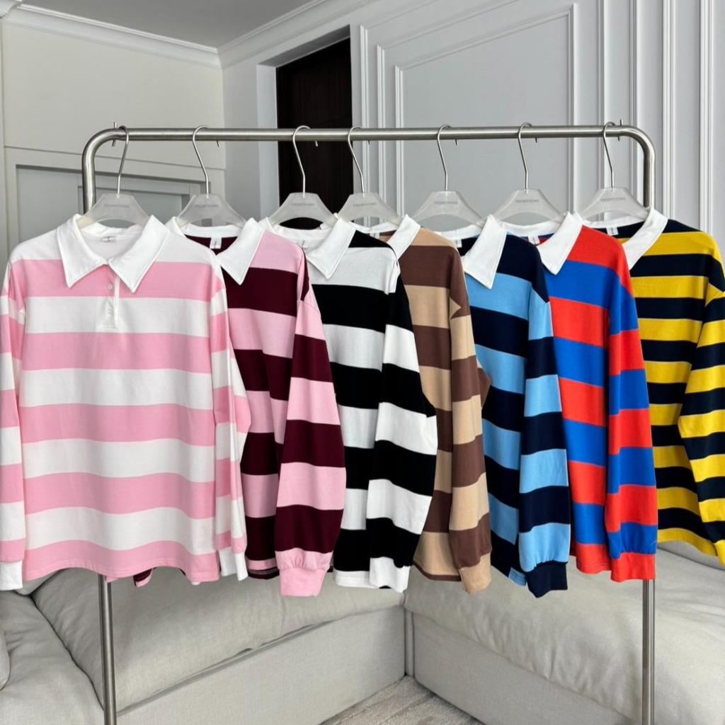 PTPL479 เสื้อโปโลแขนยาวลายทางPROMTHONG