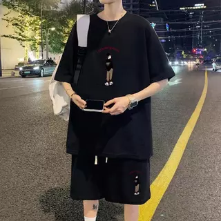 M-3XLเสื้อผ้าผู้ชาย ชุดเซ็ต2ชิ้น พิมพ์ลาย เสื้อยืด คอกลมแขนสั้น+กางเกงขาสั้น ผ้าวาฟเฟิล ผ้านิ่ม สวมใส่ สบา