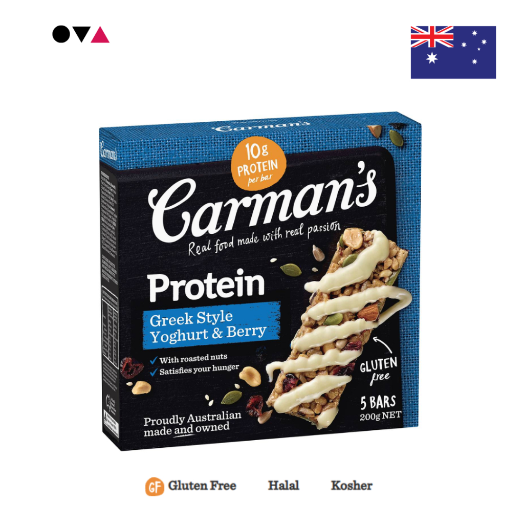Carman's Greek Yoghurt & Berry Protein Bar 5Bars โปรตีนบาร์ ธัญพืชผสมเบอร์รี่ราดโยเกิร์ต 5 แท่ง